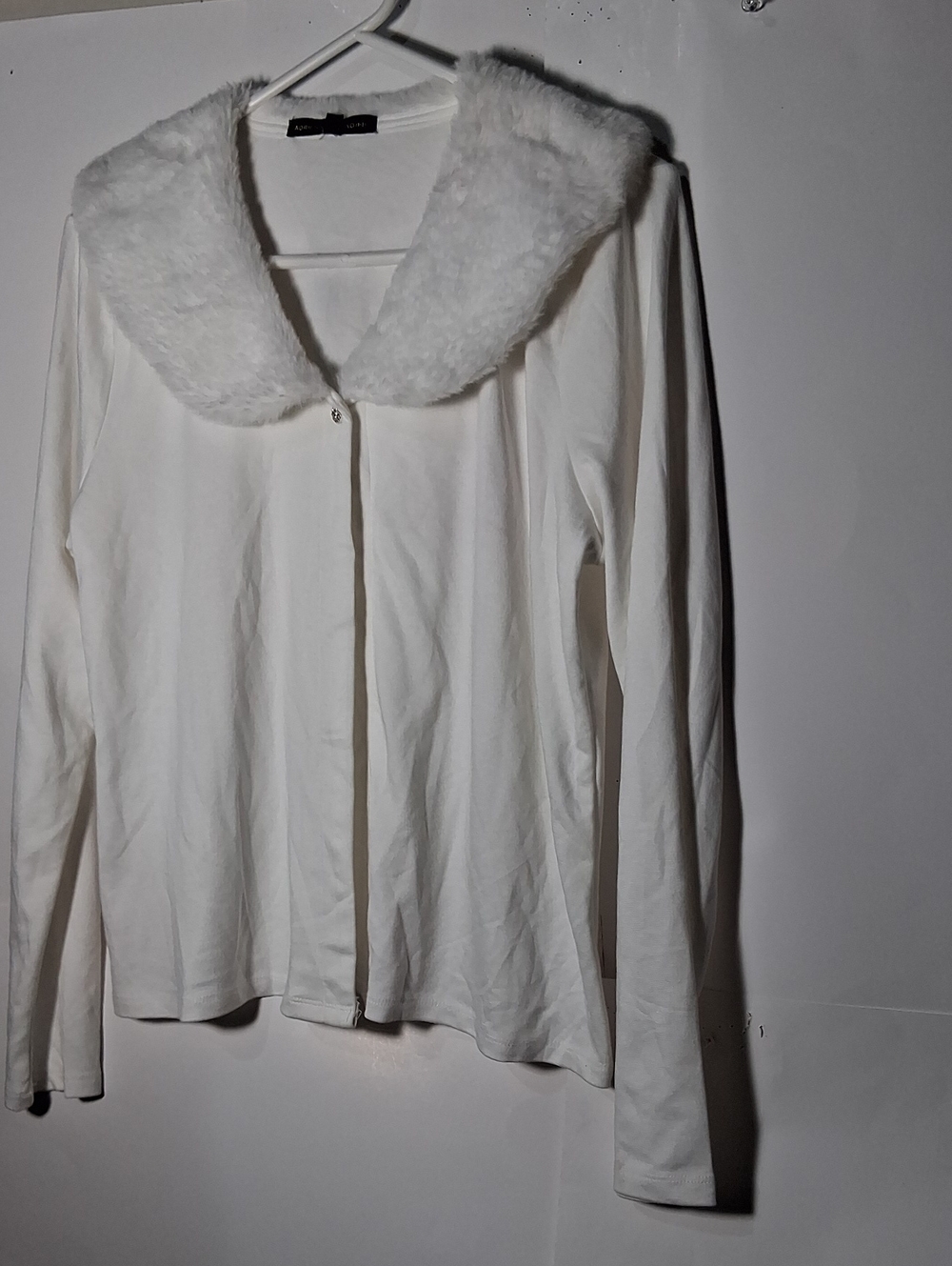 Adrienne Vittadini Cream Faux Fur Trim Cardigan